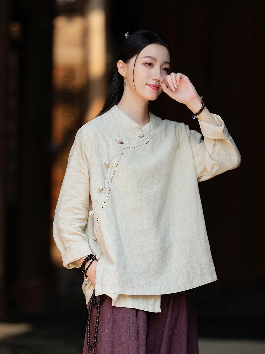 New Women s Cotton Linen Retro Stand Collar Shirt with Frog Buttons One Size