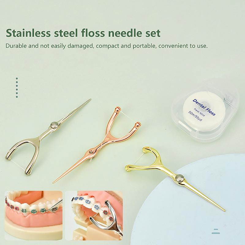 Edelstahl Zahnstocher Zahnseide Wiederverwendbar Für Y-förmigen Flossing-Halter Set Tragbar Umweltfreundliche Zahnreinigungswerkzeuge