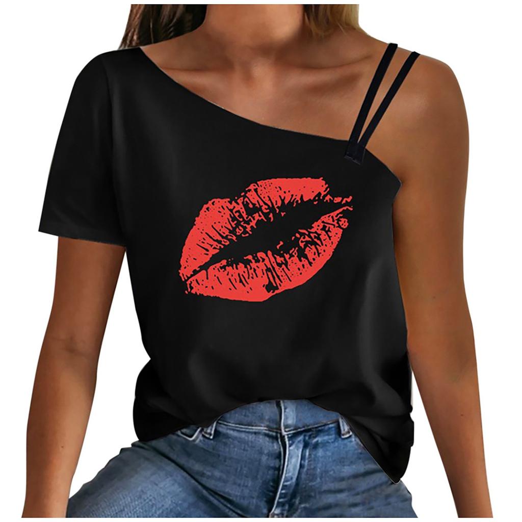 Women Summer Casual Printing Cold Shoulder Short Sleeve Tunic Shirt Tops Blouse