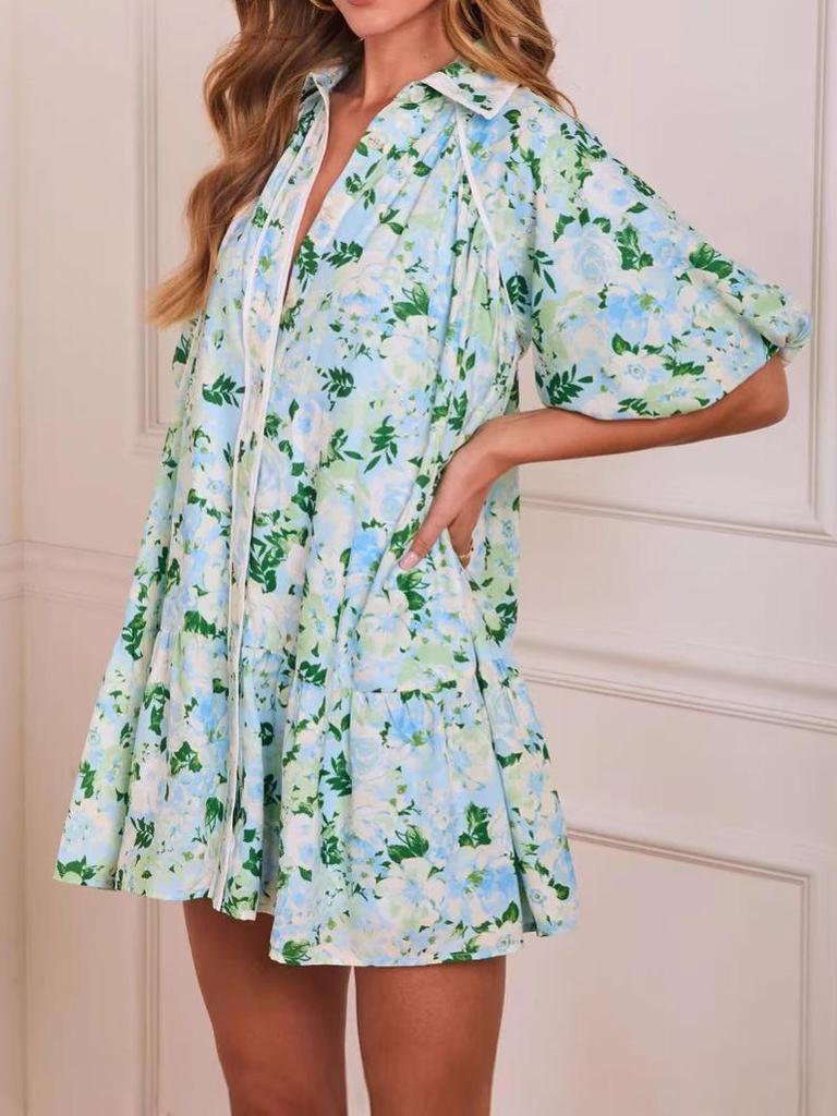 2026 European & American Floral Print V-Neck Short Sleeve Casual Shirt Dress for Women