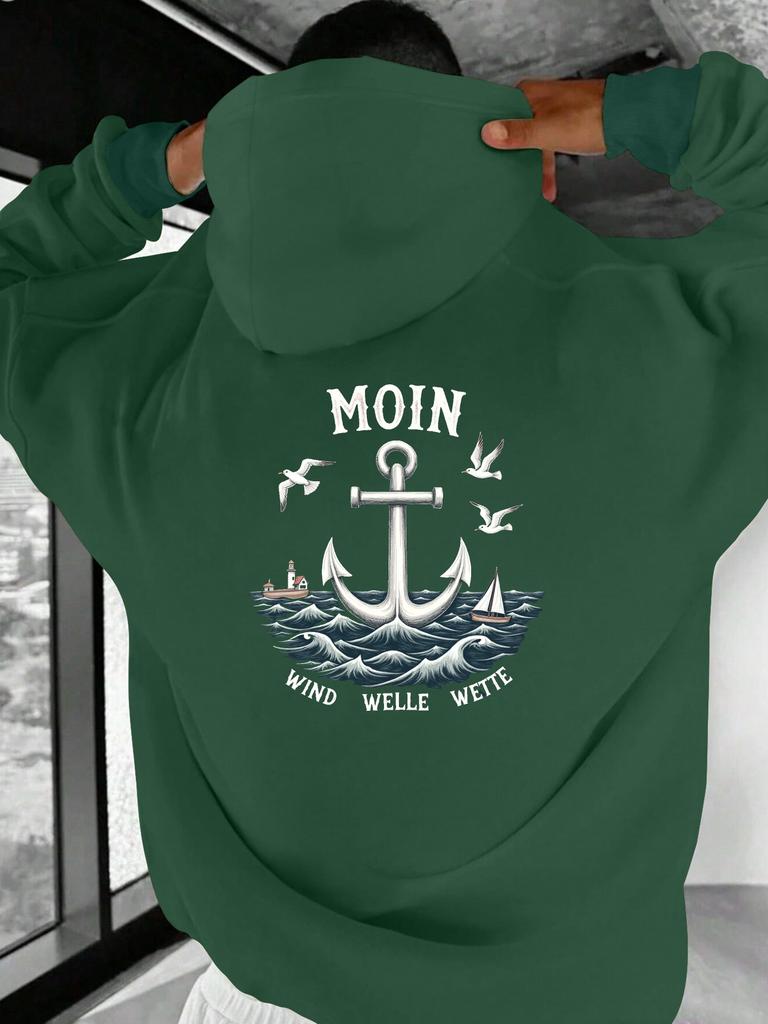 North German Coastal Moin Anchor Ocean Wave Seagull Print Men Hip Hop Sports Hoodie, Wind Welle Wette Nautical Retro Loose Sweatshirt