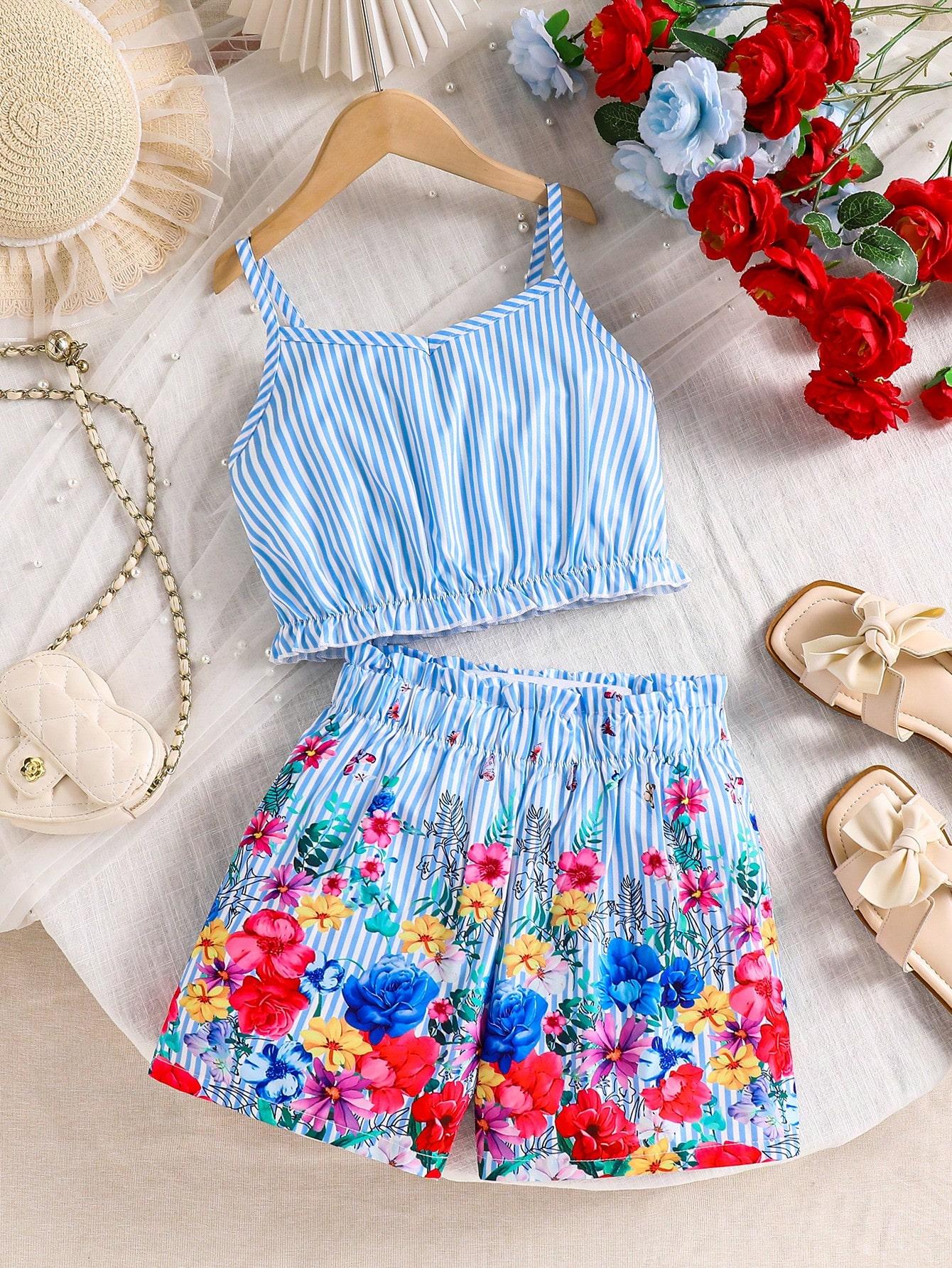 

2-Piece Summer Outfit Set for Young Girls: Blue Striped Spaghetti Strap Tank Top and Floral-Patterned Shorts 7Y синий