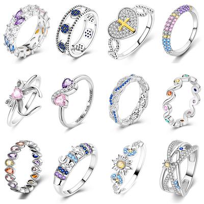 Rings For Women 925 Silver Heart Shaped Cross Crown Rings Sparkling Colorful Zircon Wedding Engagement Jewelry Gifts