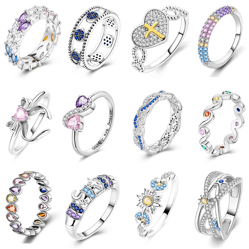 Rings For Women 925 Silver Heart Shaped Cross Crown Rings Sparkling Colorful Zircon Wedding Engagement Jewelry Gifts
