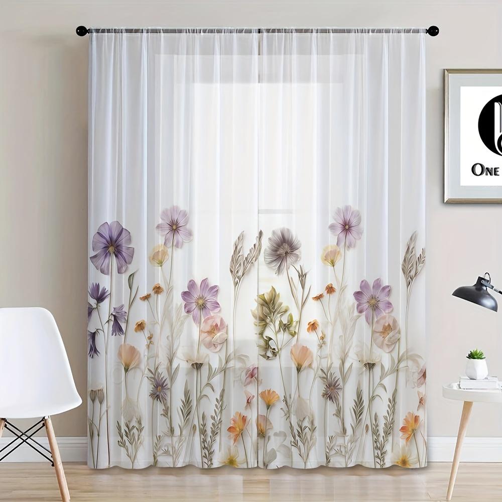 2-luiks Tuinstijl Cartoon Bloemen Potplanten Transparante Gordijnen UV-Beschermend Polyester Decor Raampanelen voor Woonkamerraam 100W130H(CM)40x51in&rod pocket