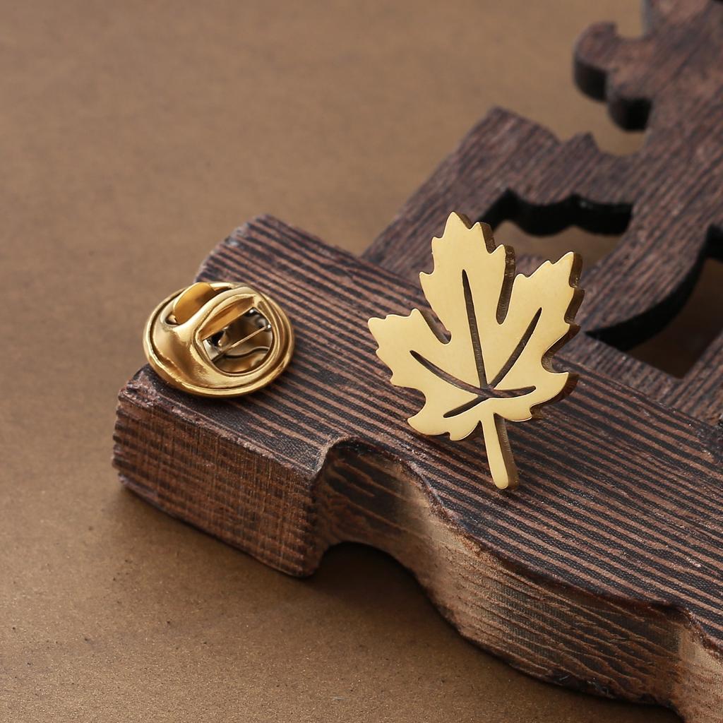 Stainless Steel Maple Leaf Brooch, Hollow Leaf Design with Branching Edge and Vein Details,