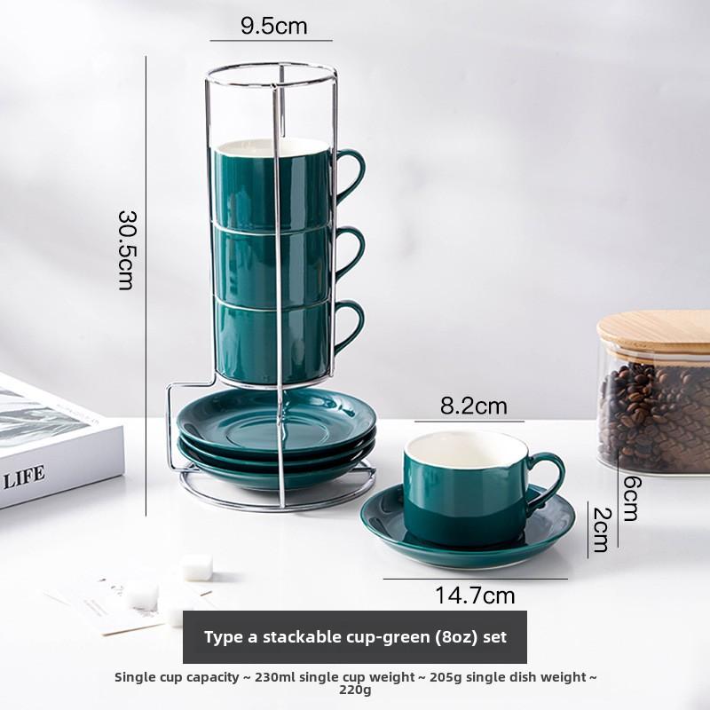 3OZ Porcelain Stackable Cups with Saucers and Metal Stand for Specialty Coffee Drinks,Latte,Americano and Tea-Set of 4