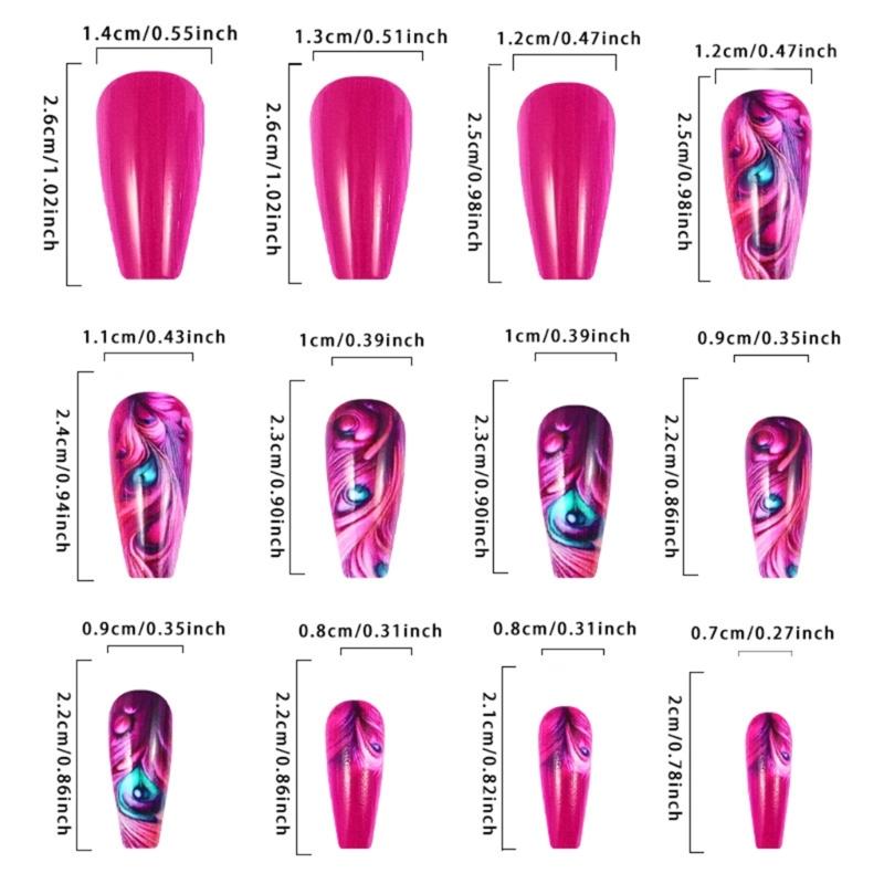 Womens Square Full Cover Medium Length Artificial Nail with Hot Pink Feathered Design 24 Pieces Set Coffun Press On Nail