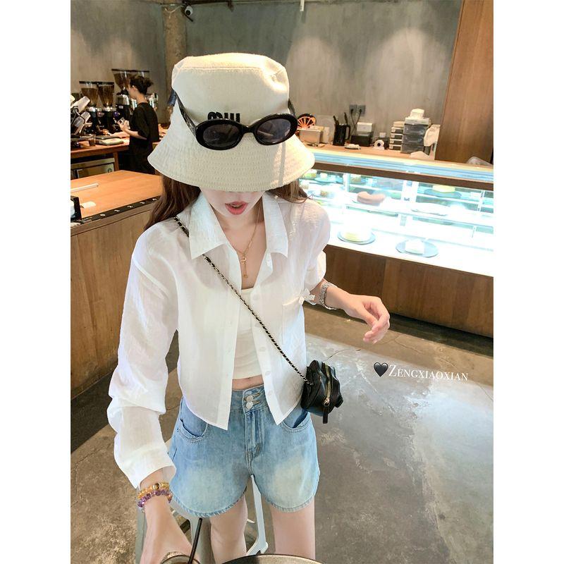 

Haddgisystudi Корейский стиль Белая рубашка для защиты от солнца Женская Летняя Тонкая 2025 Новое поступление Маленькое укороченное пальто Топ Beige S