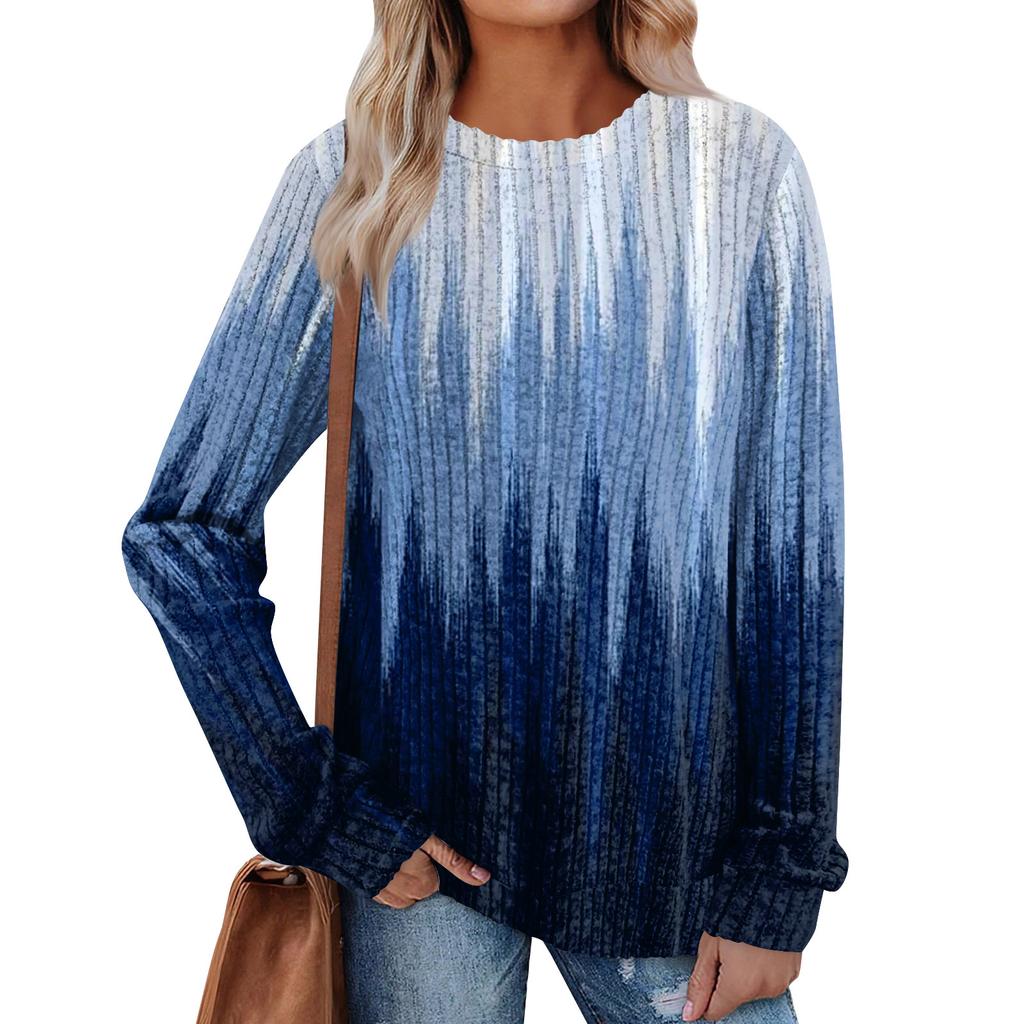 Women's Winter Color-Block Printed Lightweight Brushed-Cotton Round Neck Top