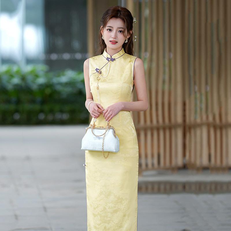 Gelb ärmellos nationaler Stil neu Chinesisch lang verbessert Cheongsam neu junges Mädchen retro schmal Sommer