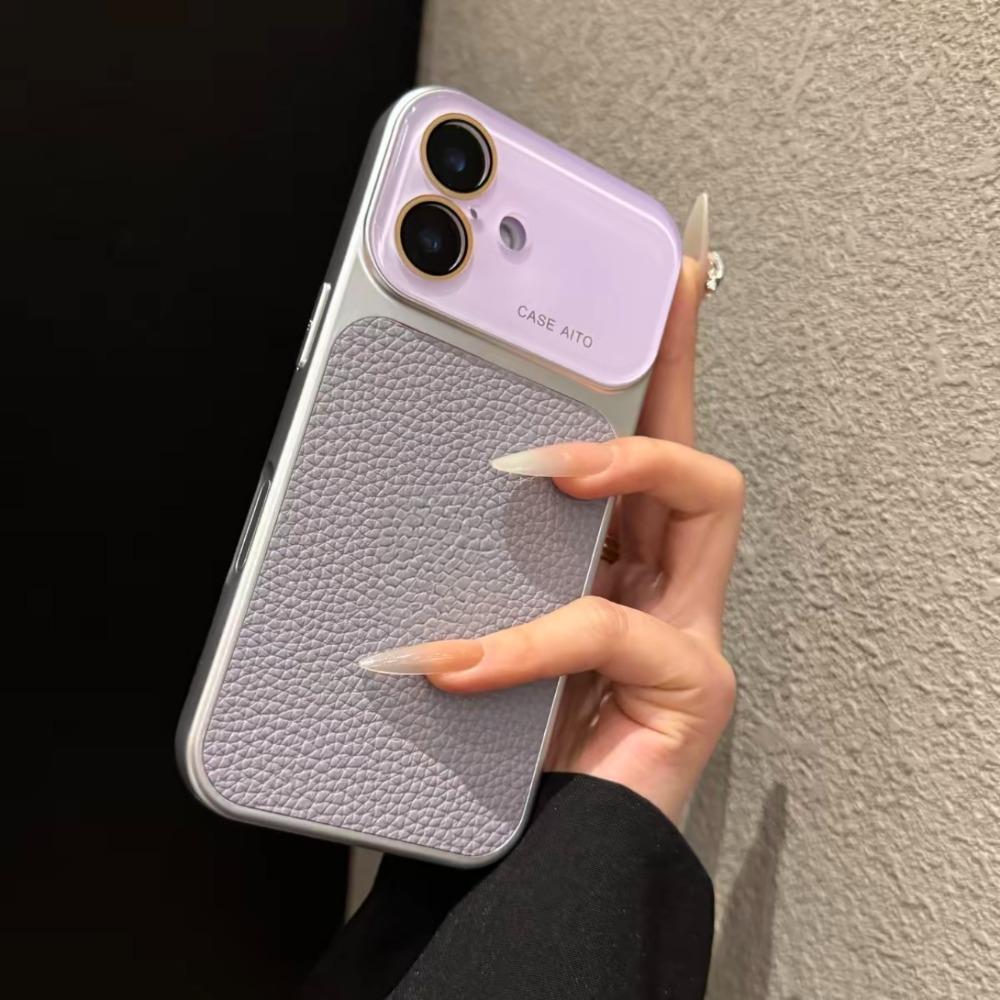 

Litchi Pattern Phone Case Glass Large Window with Hanging Holes Phone Shockproof Case Matte Textur for iPhone17 ProMax/17 Pro 17 Pro фиолетовый