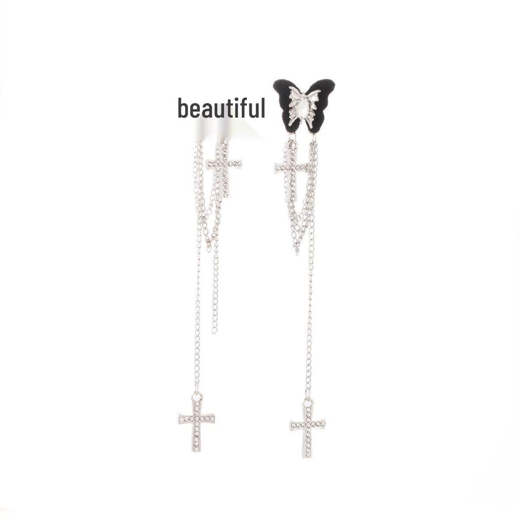 Luxury Silver Needle Black Butterfly Cross Tassel Geometric Earrings for Women