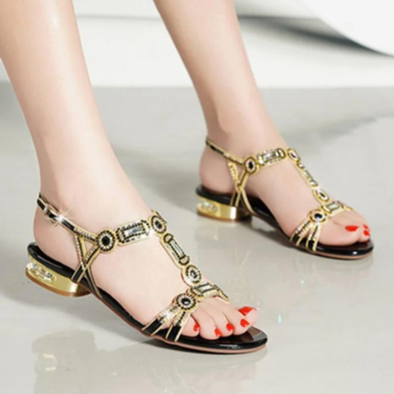 Fashion Women Comfortable Non-slip Flat Platform Shoes Rhinestone Sandals T-strap Square Low-heeled Leisure Sandals Party Shoes