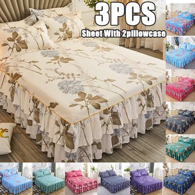 Blumenbedruckte Tagesdecke, Bettrock-Set, 3-teiliges Bett-Spannbetttuch mit 2 Kissenbezügen, weiche, atmungsaktive Matratzenbezug-Schutzmatte