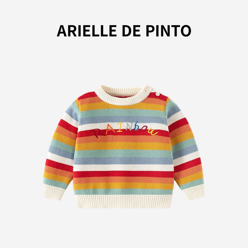 French Arielle De Pinto Knitted Sweater for Boys and Girls, Autumn and Winter Style, Cute Knitted Sweater with Small Rainbow Stripes Little Rainbow 120