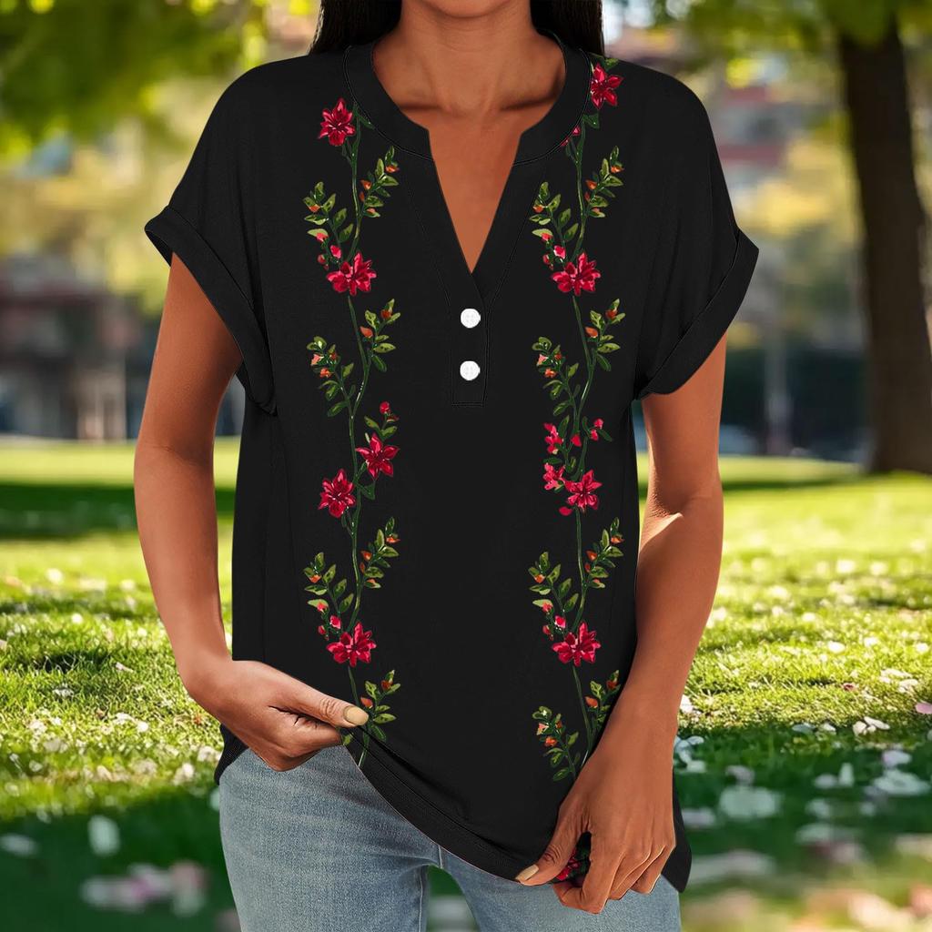 Women Casual Loose Fit Short Sleeve V Neck Button Floral Print Top Lightweight Summer Blouse
