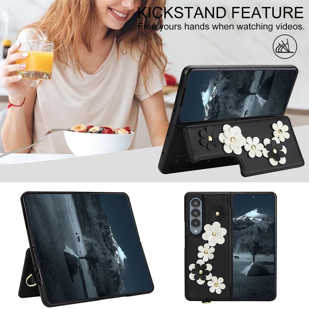 For Samsung Galaxy Z Fold4 5G Case Card Slots Leather Coated TPU Flower Phone Cover with 2 Straps