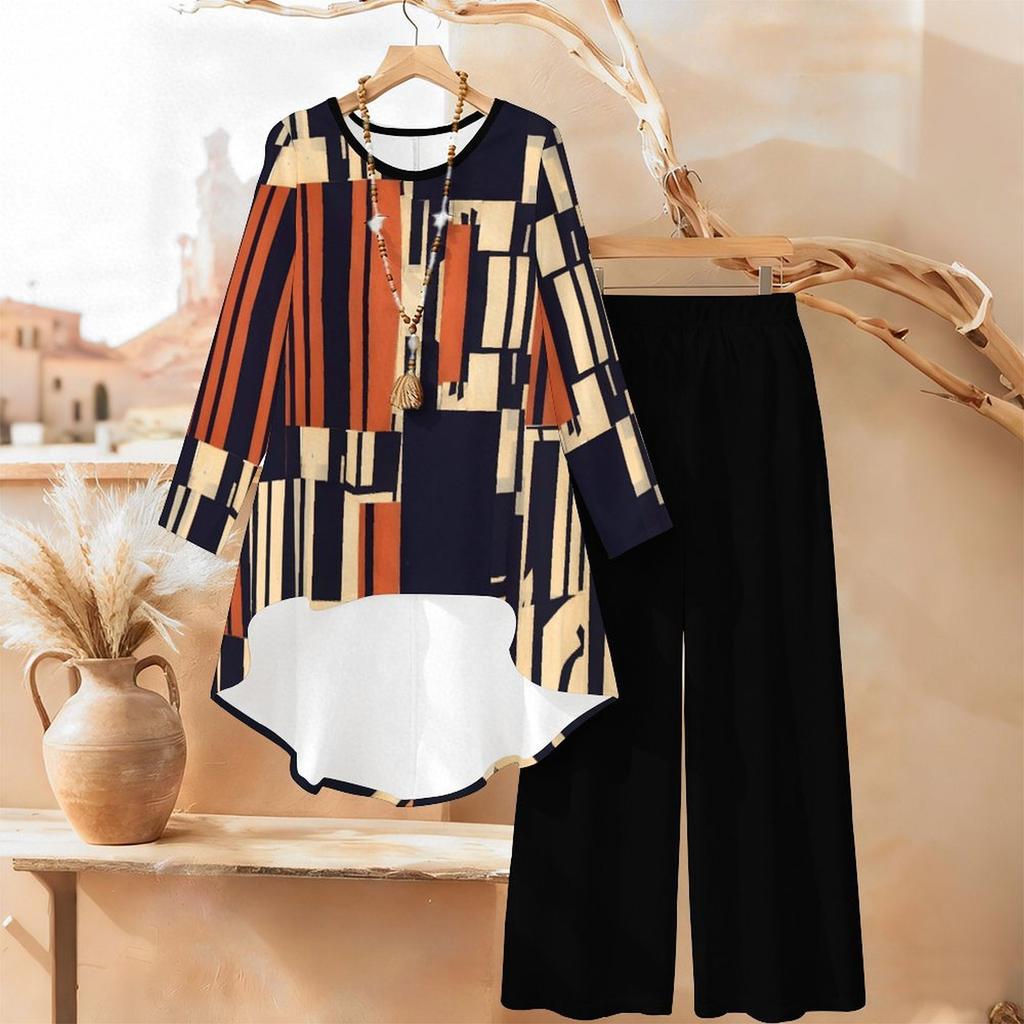 Geometric Print Two Piece Outfit Women Long Sleeve Irregular Hem Tunic Top Wide Leg Pants Casual Matching Set