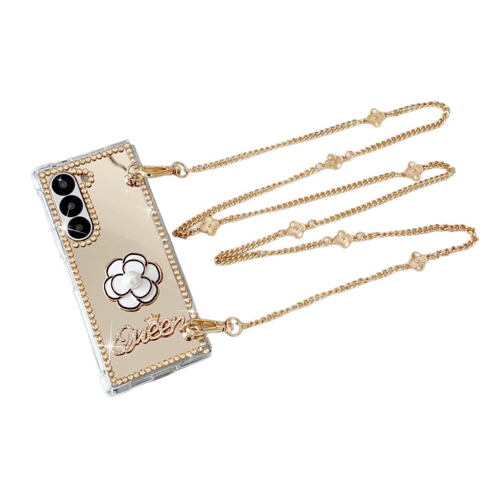 Applicable to Samsung ZFold7 mirror folding mobile phone case zfold5 oblique span chain camellia rhinestone mirror protective case female
