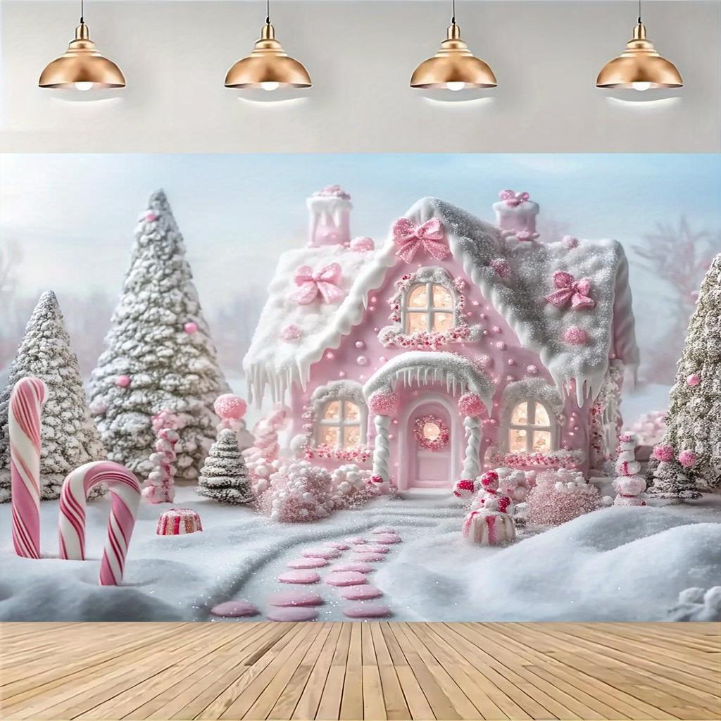 2D flat banner, 1 piece, Christmas Candy Land background banner - no power required, pink and white icing design