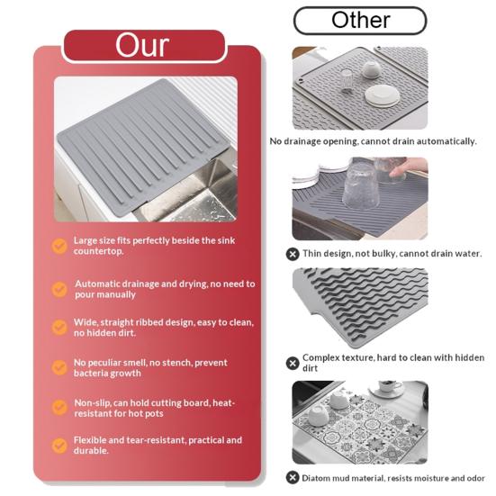 Sink Drain Mat Non-Slip Surface Large Size Thick Silicone Heat Resistant Flexible Cutlery Holder with Slope Drainage Design