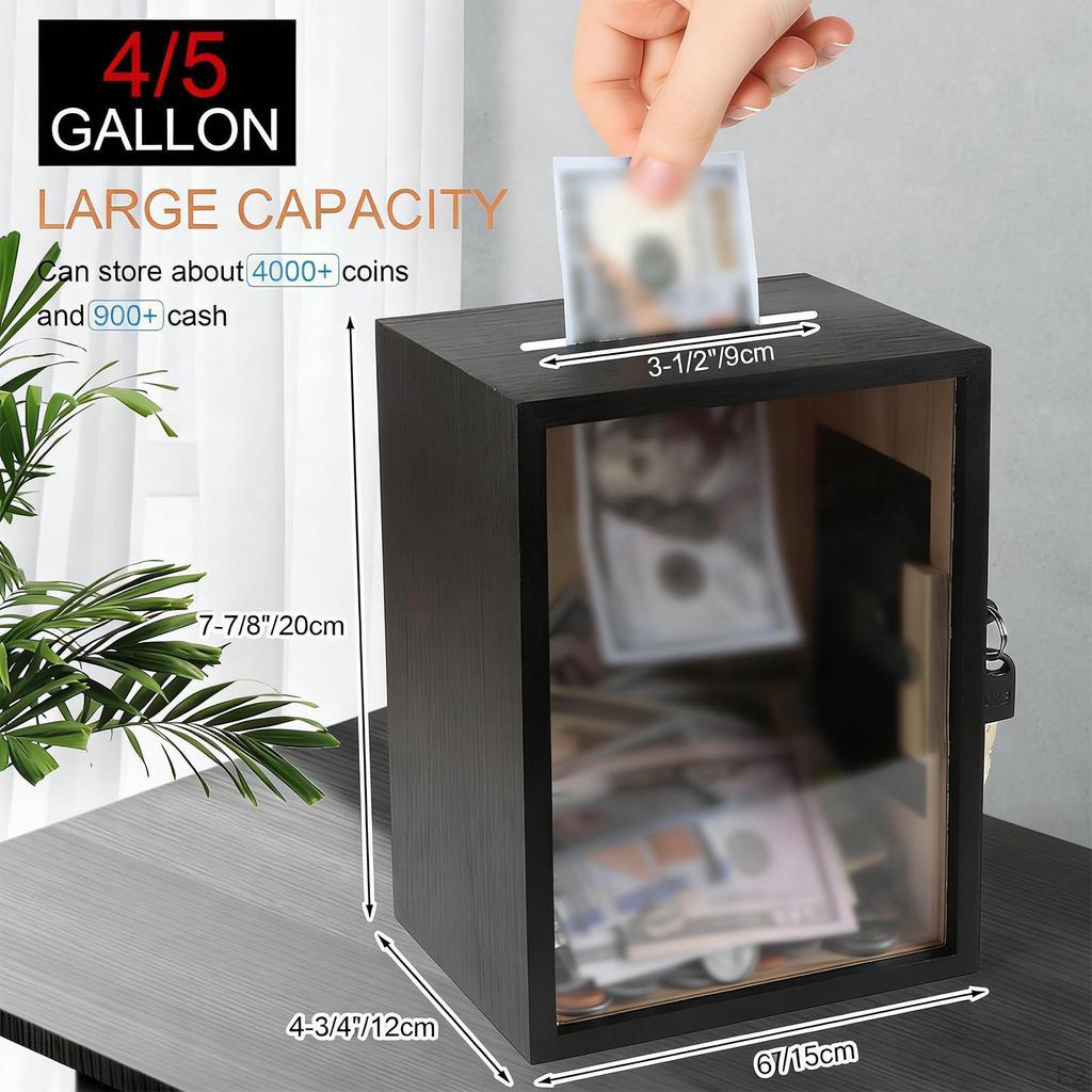 Wooden Money Saving Jar Container Portable Large Capacity Lockable with Piggy Bank for Adults ,