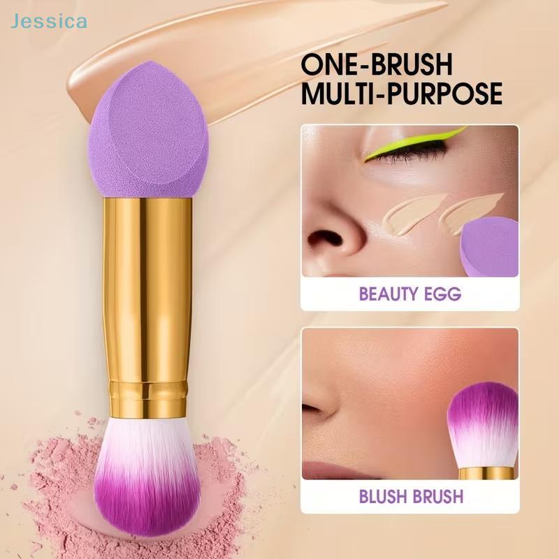 2-in-1 Multi-Purpose Makeup Tool Double-Ended Beauty Sponge & Blush Brush For Foundation, Powder & Blush
