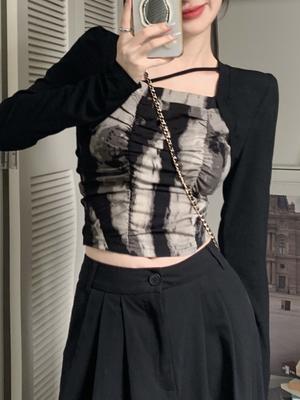 Retro Chic Tie-Dyed Unique Long Sleeve Tops Female New Bottoming Shirts T-shirt Women's Autumn Y2K Slimming Short Hot Girl Top