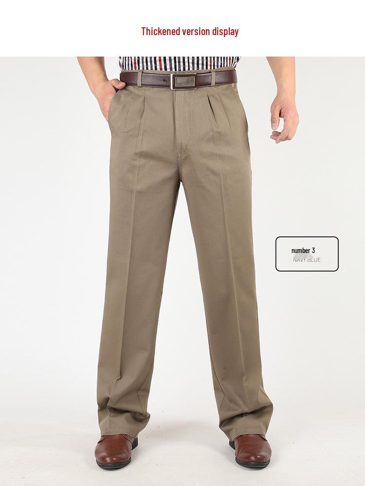 Pantaloni Casual de Vară din Bumbac cu Croială Largă pentru Bărbați - Talie Înaltă, Picior Drept, Cu Pliuri Duble pentru Bărbați de Vârstă Mijlocie și Vârstnici