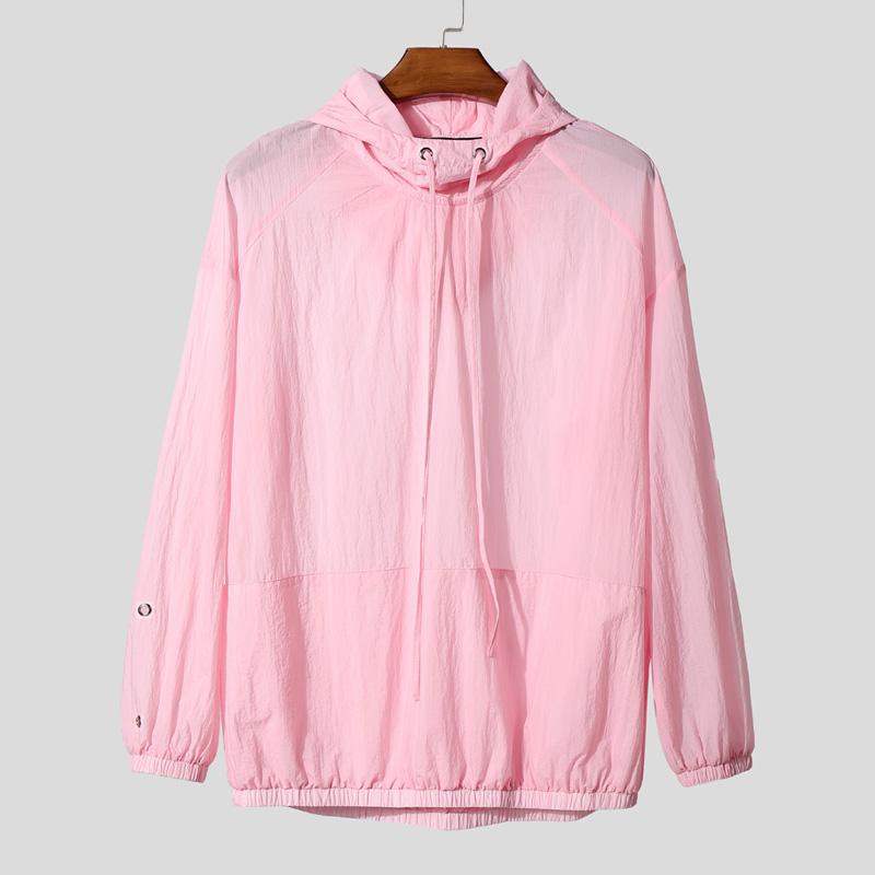 INCERUN Pánské topy s dlouhým rukávem, mírně průsvitné, volné, s kapucí a stahovací šňůrkou