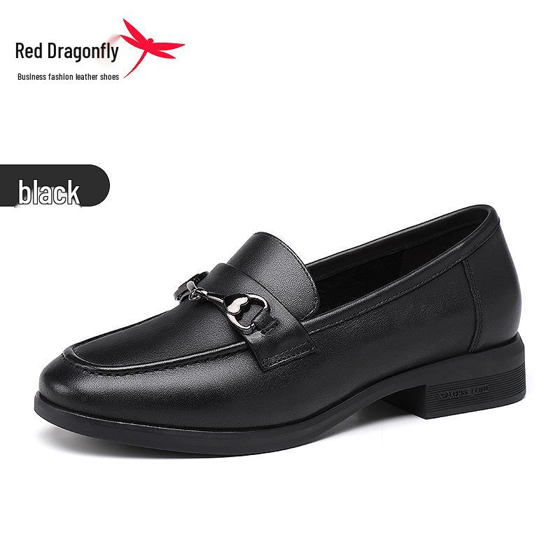 Red Dragonfly Women s Black Leather Loafers: Casual Slip-on, Thick Sole, Low Heel 38