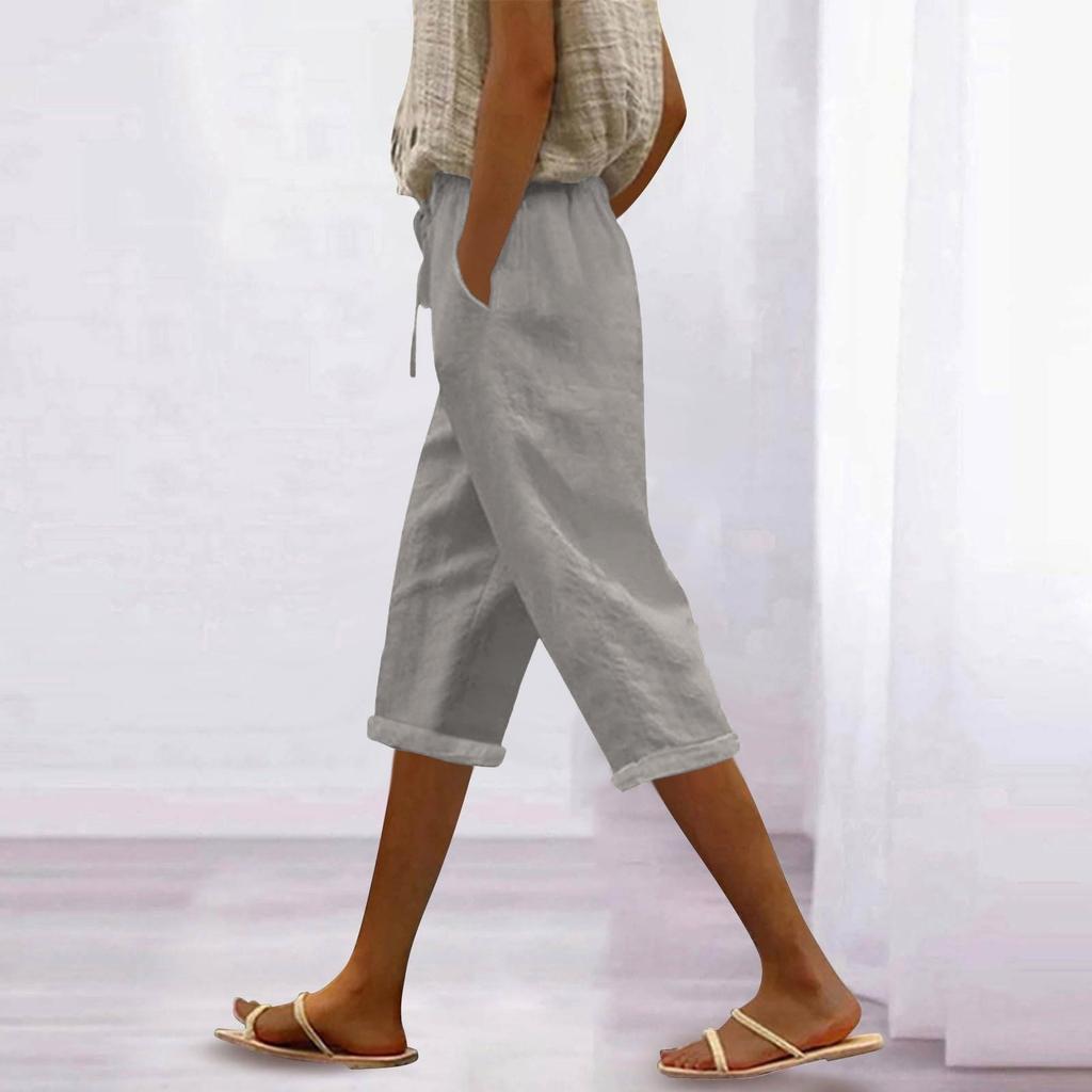 Women's Fashion Casual Loose Colour Cotton Linen Drawstring 7/10 Pants