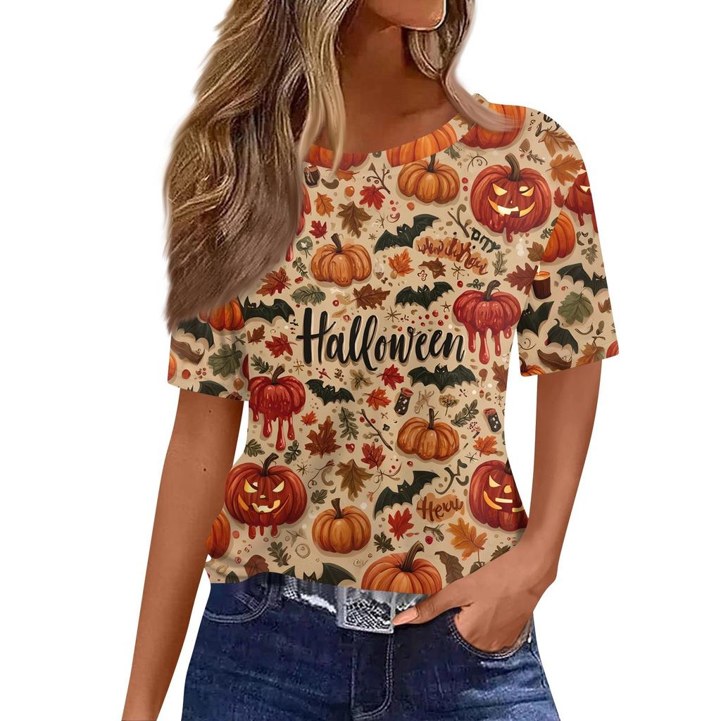 Dame Moteable Casual Kortermet Halloween-trykk Rund Hals Pullovertopp