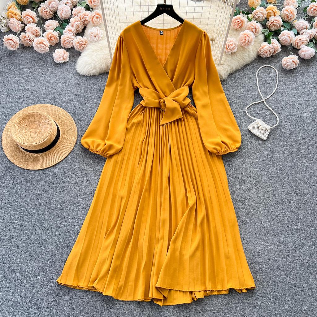 Autumn Women Vintage Pleated Midi Dress Elegant V-Neck Puff Long Sleeve High Waist A-Line Red Green Dresses