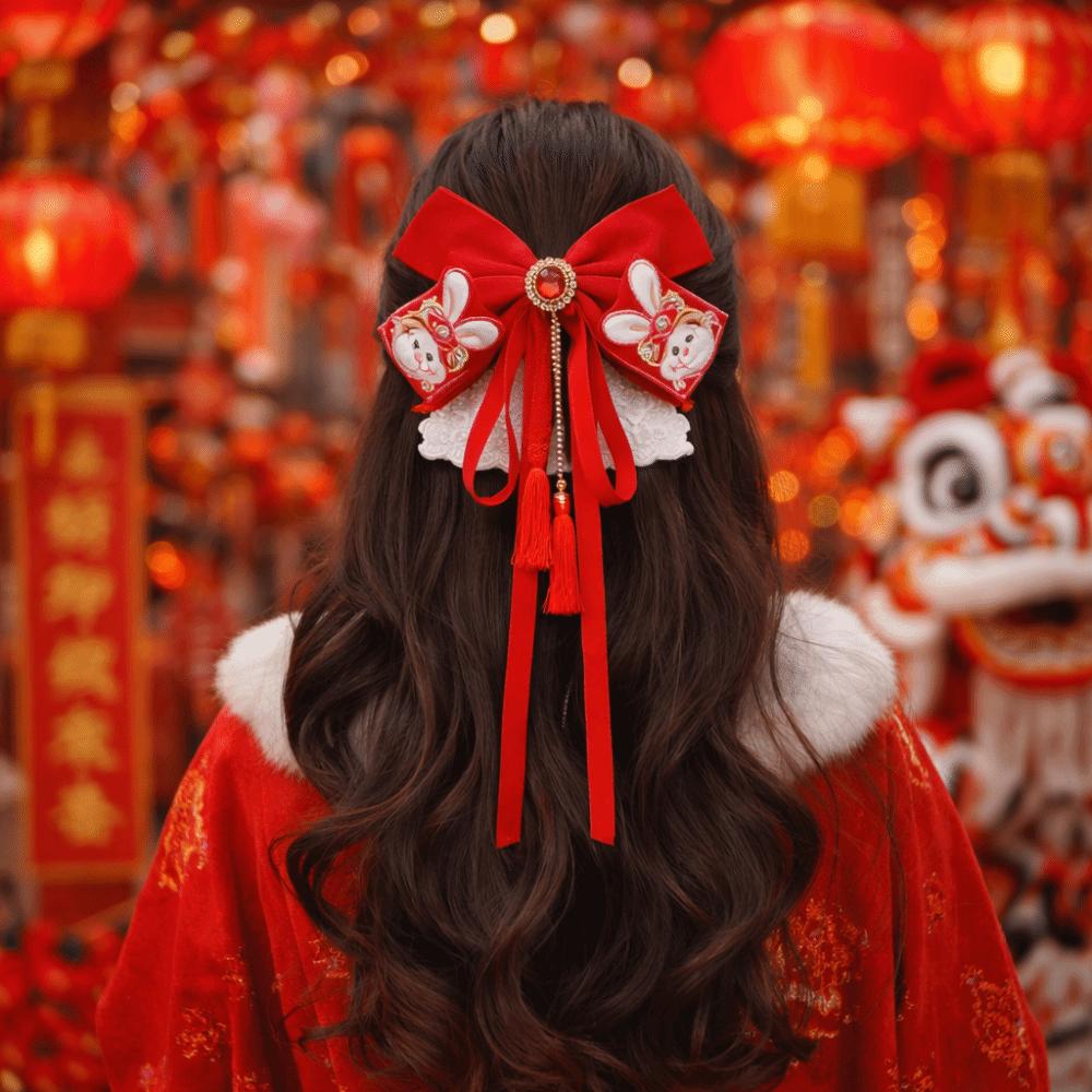 Cute Red Bow Ribbon Hair Clip Tassel Ribbon New Year Hairpin Plush Chienes Style Hanfu Hair Ornamen Braid