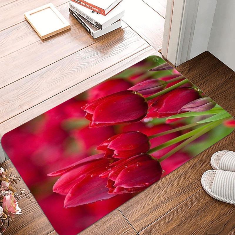 Beautiful Red Tulip Printing Non-Slip Small Rug Waterproof Easy To Clean Floor Mat for Indoor Outdoor Use Durable Home Decor