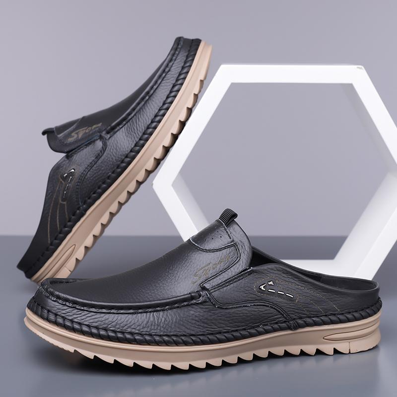 Leisure Walk Men's Casual Shoes Massage Non-slip Leather Muller Shoes Spring Summer Male Half Drag New Trend Slippers Loafers
