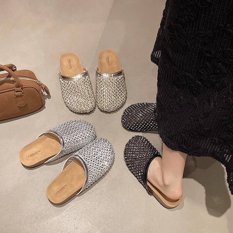 Thick-bottomed mesh rhinestone bag head half slippers women's 2025 summer new outer wear lazy one pedal beach cool slippers