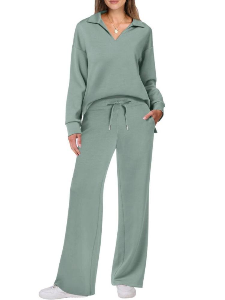 Women's Olive Green V-Neck Lounge Set with Drawstring Waist Pants