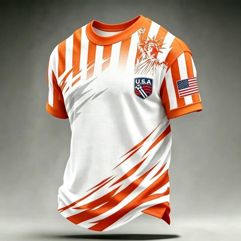 Street‑Style USA Fan Soccer Jersey Red‑White Stripe Splice Print Crew Neck Multi‑Color Unisex Stadium Training Tee