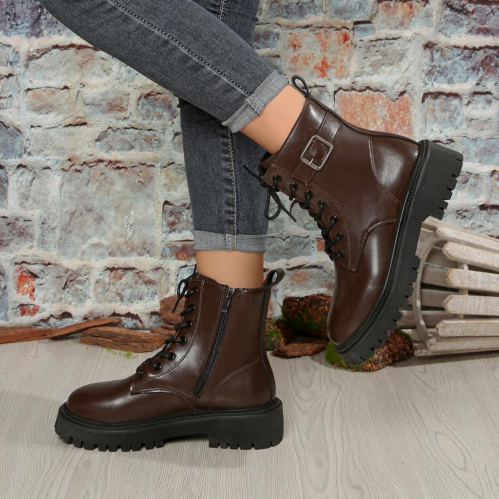 2026 Women's Boots PU Leather Casual Boots Fashion Ankle Boots Women Lace-Up Platform Boot Side Zipper Botines Para Mujeres