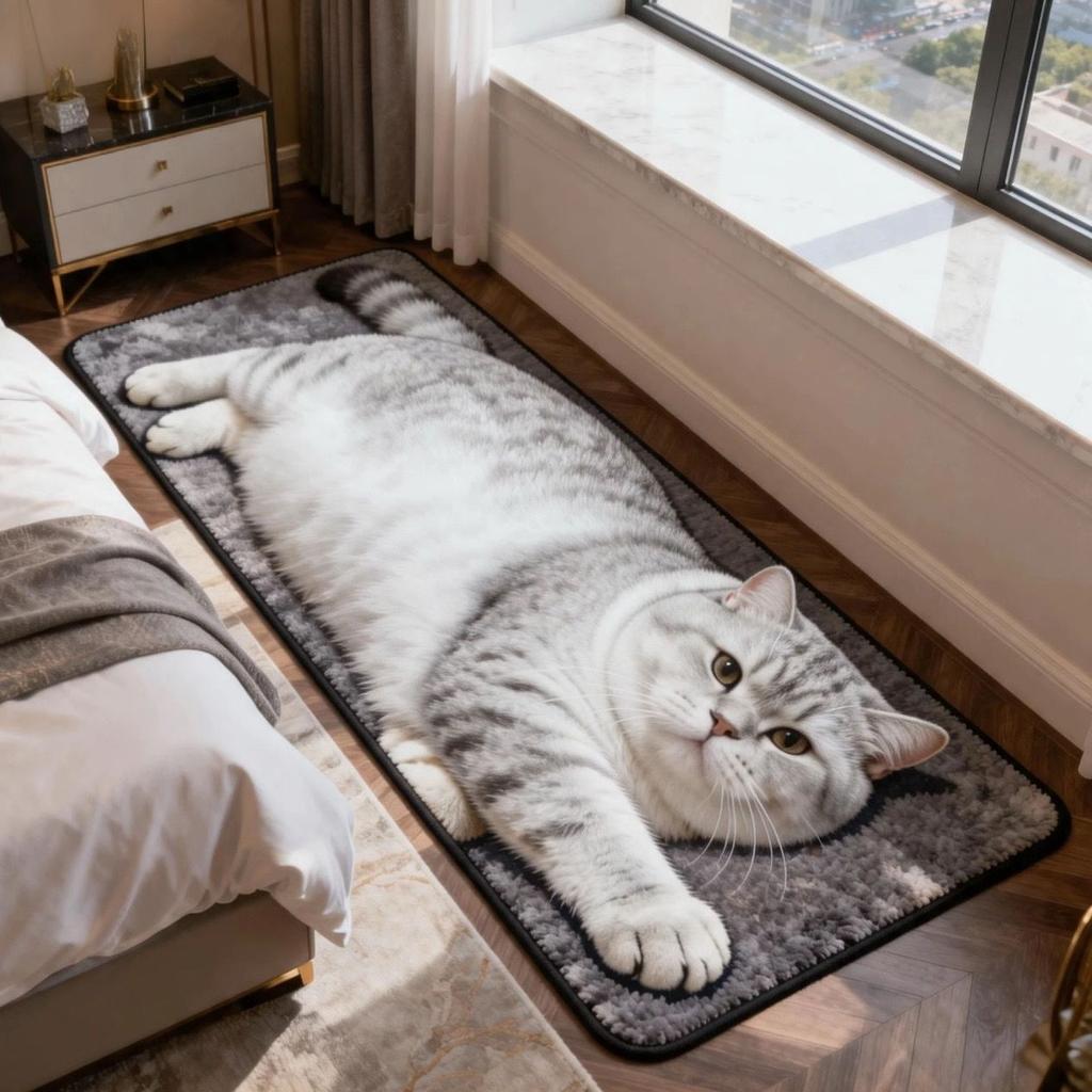 3D Realistic Cat Shaped Rug Soft Fluffy Bedside Runner Non-slip Floor Mat Absorbent Washable Plush Carpet For Bedroom Bathroom