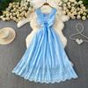 Elegant wind sweet crochet hollow V-neck sleeveless dress women's summer high sense waist thin pleated dress