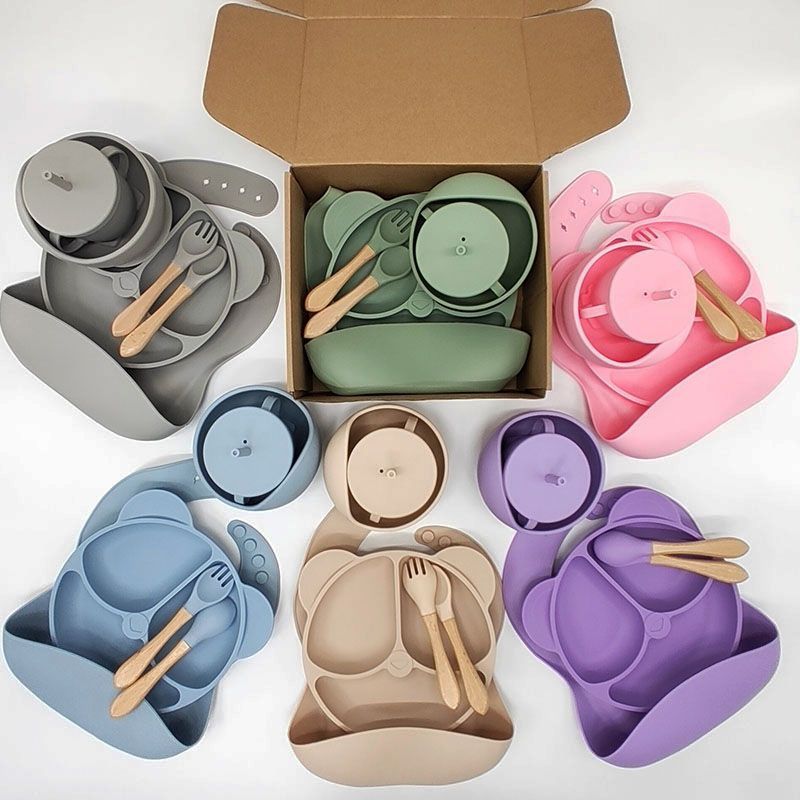 6-Piece Silicone Plate Children's Baby Tableware Set Baby Supplementary Food Bowl Supplies Food Grade Children's Supplies