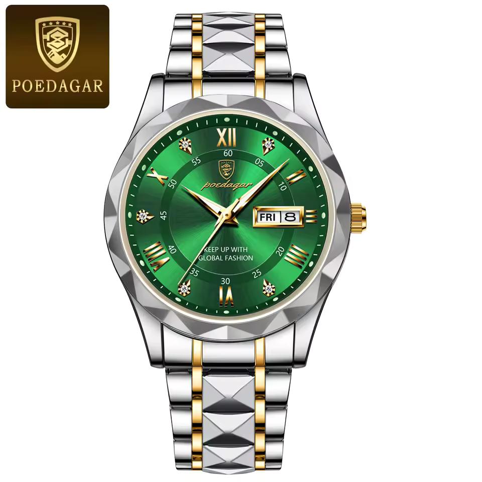 POEDAGAR Business Men's Stainless Steel Dual Calendar Quartz Watch, Casual Waterproof Luminous Men's Watch, Men's Gift