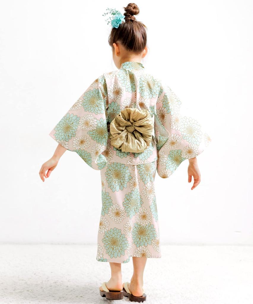 Bee Yukata Set for Easy To Perfect for Festivals and Fireworks with a Shibori Obi and Pink Dahlia Pattern 3-Piece Girls, Summer, Wear, Two-Way Design,