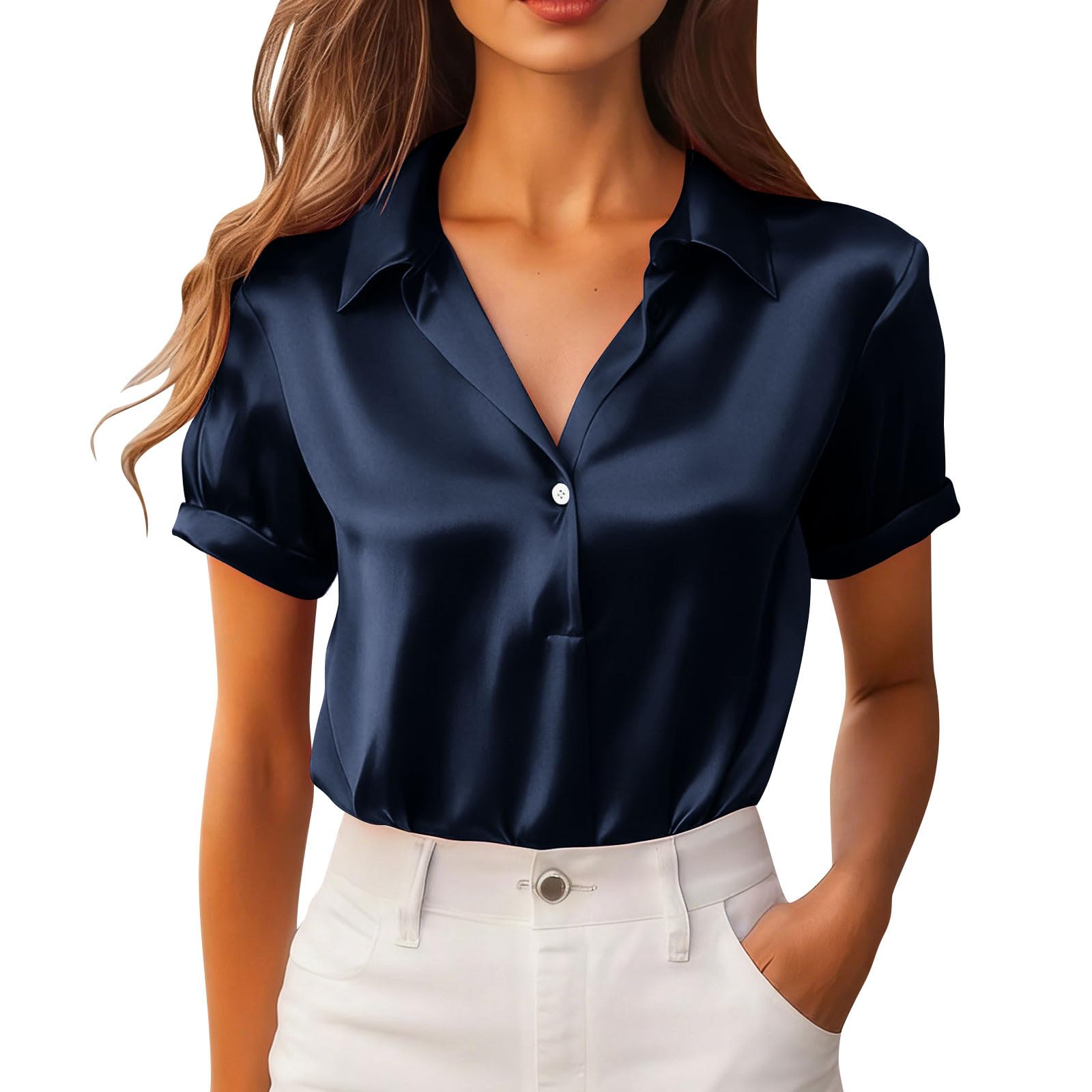 

Women s Fashionable Color Collar Short Sleeve Button Pocket Casual Loose Shirt Top XL Темно-синій
