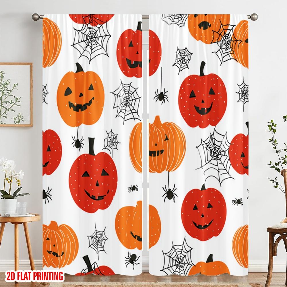 2pcs,2D Plane Printing Creative Curtains Pumpkins and Webs Durable 100% Polyester Fabric (without Rod) Holiday for Bedroom &
