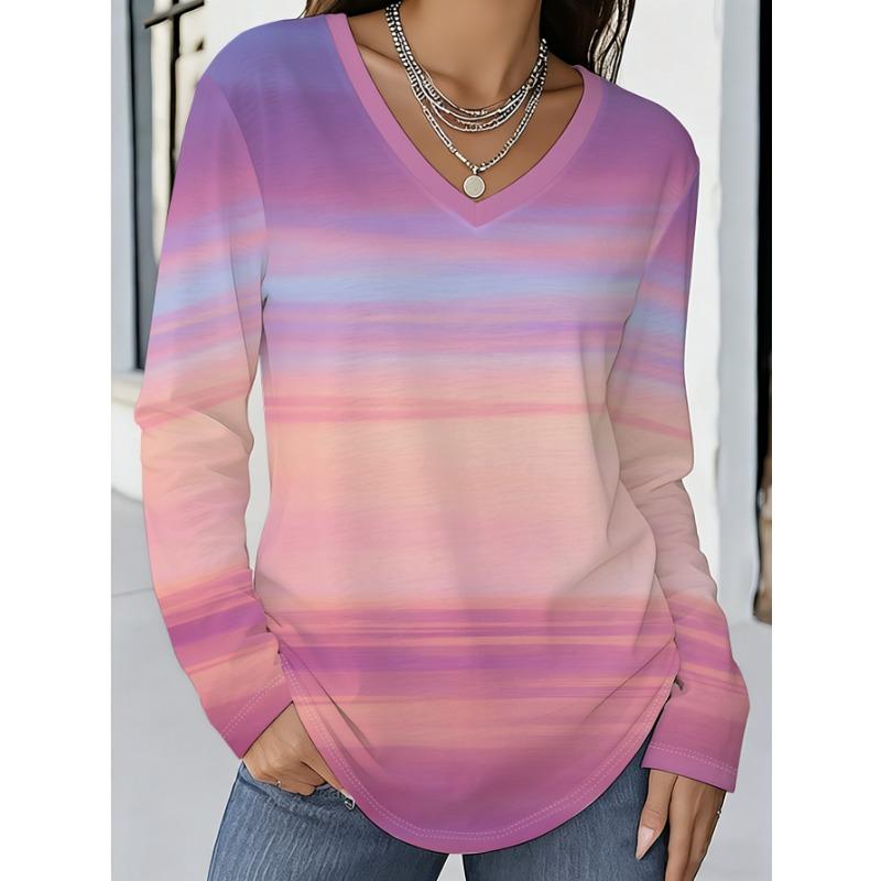 V-neck long-sleeved T-shirt with gradient cloud texture all-over print design, loose and casual spring and autumn comfortable and breathable top